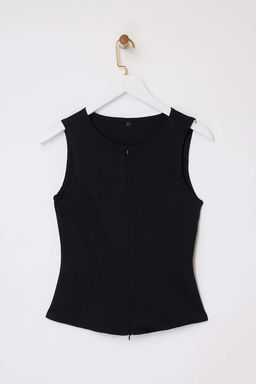 Siyah Fitted/Vucuda Oturan Fermuarl? Kolsuz Interlok Orme Bluz TWOSS26BZ00012