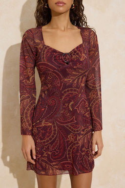 Cok Renkli Etnik Belden Ac?lan Kalp Yaka Aksesuar Detayl? Mini Tul Orme Elbise TWOSS26EL00108