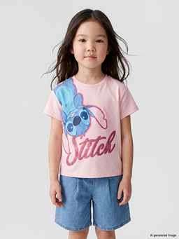 Футболка Lilo & Stitch Bisiklet Yaka для девочек с принтом