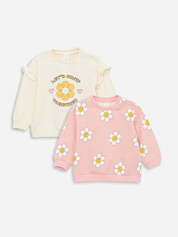 Bisiklet Yaka Bask?l? K?z Bebek Sweatshirt 2li