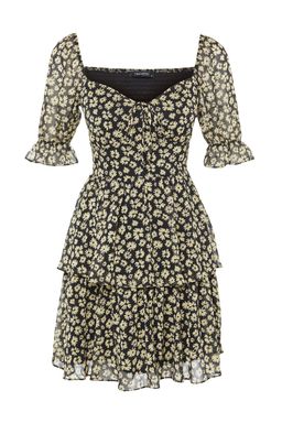 Siyah Cicekli Etegi Volanl? Skater/Belden Ac?lan Sifon Mini Astarl? Dokuma Elbise TWOSS22EL2772