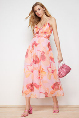 TRENDYOLMILLA Ekru Cicek Desenli A-Kesim F?rf?r Detayl? Astarl? Sifon Maxi Dokuma Elbise TWOSS23EL02013 фото 18