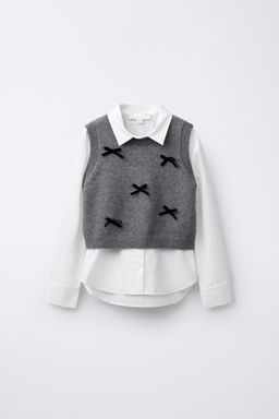 POPLIN SHIRT WITH KNITTED WAISTCOAT AND VELVET BOWS