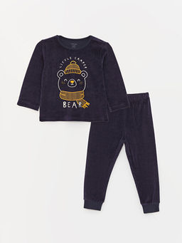 Bisiklet Yaka Uzun Kollu Bask?l? Kadife Erkek Bebek Pijama Tak?m