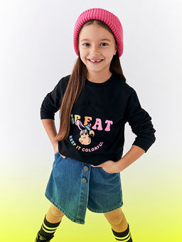 Bisiklet Yaka Nostaljik Maymun Bask?l? Uzun Kollu K?z ?ocuk Sweatshirt