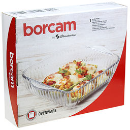 "Боркам (Borcam)" Форма стеклянная жаропрочная 1,95л, 22х22х6см, квадратная, рифленый борт, с ручками, цветной картон, Pasabahce (Турция)