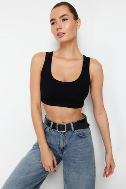 Siyah Ask?l? Super Crop Fitilli Esnek Orme Atlet TWOSS24AL00023