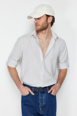 TRENDYOL MAN Premium Camel Regular Fit Keten Kar?s?ml? Cizgili Gomlek TMNSS23GO00134