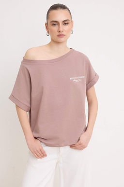 Ekru Slogan Oversize Kay?k Yaka Dusuk Kol K?sa 2 iplik penye Orme T-Shirt TWOSS26TS00150 - Trendyolmilla фото 5