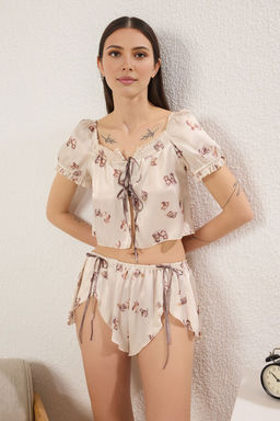 Trendyolmilla Cok Renkli Kedili Kurdele/Fiyonklu/Baglamal? Saten Sortlu Dokuma Pijama Tak?m? THMSS25PT00318