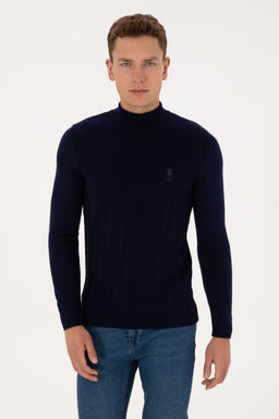 Erkek Slim Fit Yar_m Bal_k__ Yaka Lacivert Kazak