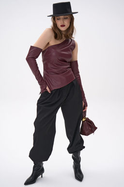 Кожаный топ с рукавами Рикси (бордовый)