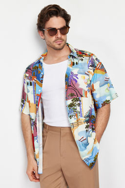 TRENDYOL MAN Cok Renkli More Sustainable Oversize Fit %100 Viskon Bask?l? K?sa Kollu Salas Gomlek TMNSS24GO00056 - Trendyolmilla фото 3