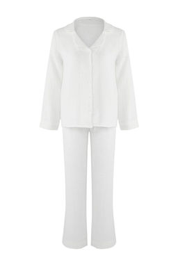 Ekru %100 Pamuklu Cepli Muslin Kumas Dokuma Pijama Tak?m? THMAW26PT00023 - Trendyolmilla фото 5