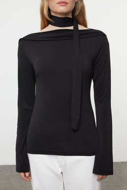 Trendyolmilla Siyah Sal Detayl? Fitted/Vucuda Oturan Esnek Orme Bluz TWOAW25BZ00107  фото 12