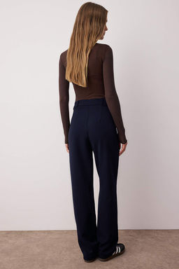 Lacivert Wide Leg/Genis Paca Pileli Dokuma Kumas Pantolon TWOSS21PL0155