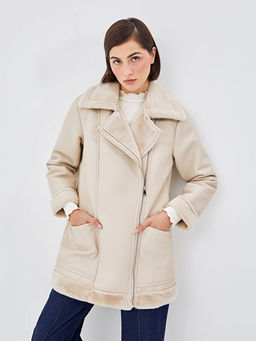 Kad?n Biker Yaka D?z Deri G?r?n?ml? Mont