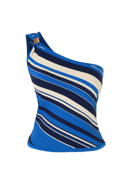 Mavi Asimetrik Yaka Fitted Renk Bloklu Crop Triko Ince Bluz TWOSS26BZ00301