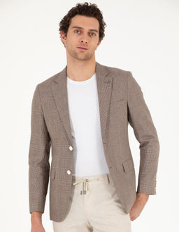 Kahverengi Slim Fit Keten Kar___ml_ Ceket