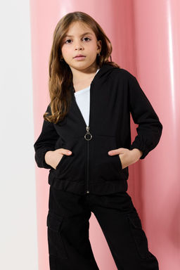 Siyah Melanj Unisex Kapusonlu Pamuklu Fermuarl? Orme H?rka TKDAW25HI00001