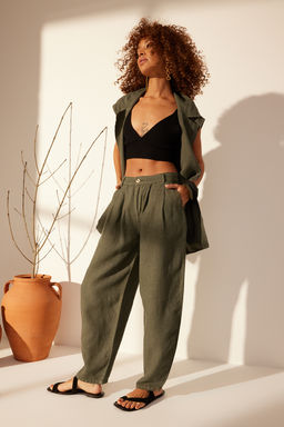 Sar? %100 Keten Yuksek Bel Barrel Pantolon TWOSS24JE00243 - Trendyolmilla фото 21