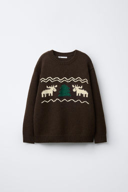 7-12 YEARS/ WOOL BLEND KNIT JUMPER EMBROIDERED REINDEER