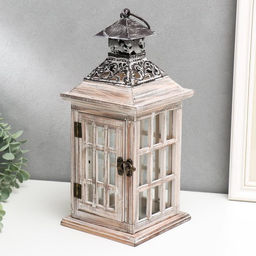 Деревянный подсвечник-фонарь на 1 свечу «Большие окна», состаренный, 34×14.5×14.5 см