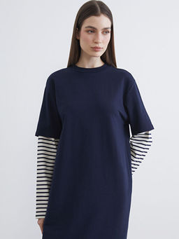 Bisiklet Yaka ?izgili Sweat Elbise