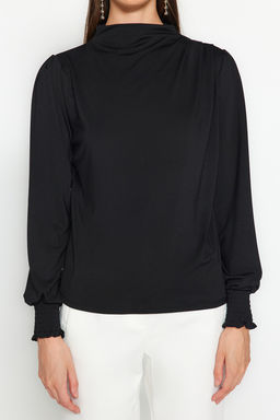 Siyah Dik Yaka Regular Fit Gipe Detayl? Esnek Orme Bluz TWOAW24BZ00022