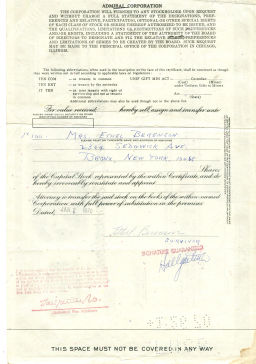 Сертификат передаточный на 100 акций Admiral Corporation 1967 года (США)