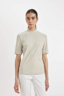 Женская классическая футболка с полуводолазкой в рубчик, базовая простая футболка с короткими рукавами