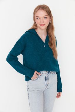 Yesil Yumusak Dokulu Kapusonlu Triko Kazak TWOAW21KZ0410 - Trendyolmilla фото 2