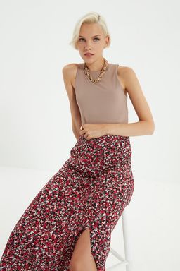 Cok Renkli Y?rtmac Detayl? Cicek Desenli Viskon Kumasl? Midi Dokuma Etek TWOSS20ET0230