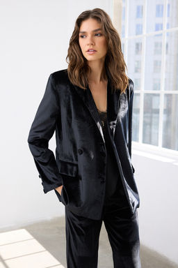 Siyah Kruvaze Regular/Normal Kal?p Dokuma Kadife Blazer Ceket TWOAW26BC00015