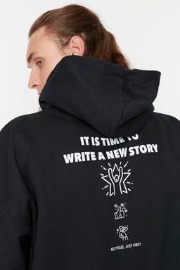 Siyah Oversize/Genis Kesim Fit Kapusonlu Yaz? Bask?l? Sweatshirt TMNAW23SW00015 - Trendyolmilla фото 2