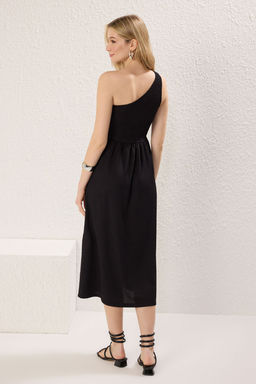 Siyah Duz Gipeli Midi Tek Kol Burumcuk/Dokulu Orme Elbise TWOSS25EL00540 - Trendyolmilla фото 5