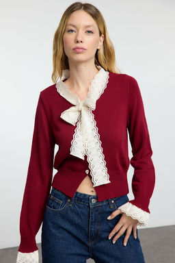 Bordo Crop Dantel Garnili Renk Bloklu Triko H?rka TWOAW25HI00251