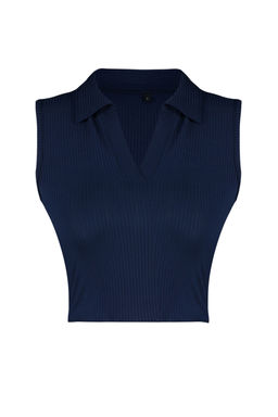 Trendyolmilla Siyah Fitted/Vucuda Oturan Polo Yaka Crop Esnek Orme Bluz TWOSS22BZ0335  фото 11