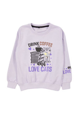 Lila K?z Cocuk Mevsimlik-Ince Kedi Desenli Orme Sweatshirt TKDAW25SW00008