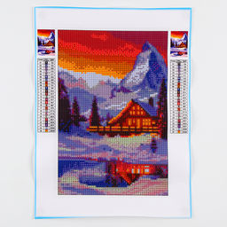 Алмазная мозаика на новый год с полным заполнением со светящимися стразами на холсте Домик в горах, 20?30 см, набор для творчества