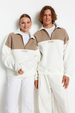 TRENDYOL MAN Vizon Oversize/Genis Kesim Renk Bloklu Ici Polar/S?cak Tutan Sweatshirt TMNAW24SW00130