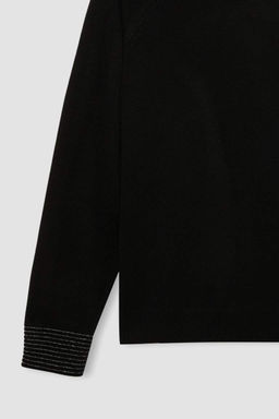 Женский черный свитер-туника стандартного кроя с круглым вырезом и рукавами реглан - Defacto фото 14