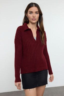 Bordo Yumusak Dokulu Polo Yaka Triko Kazak TWOAW24KZ00678
