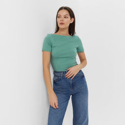 Футболка женская с вырезом лодочка MINAKU: Basic line, оливковая, размер 44