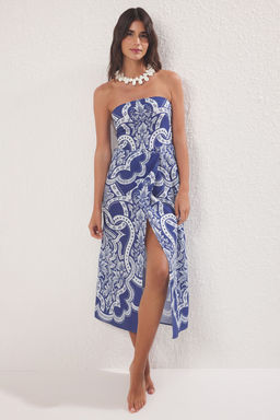 Trendyolmilla Cini Desenli Straplez Maxi Dokuma %100 Pamuk Plaj Elbisesi TBESS25EL00093 фото 7