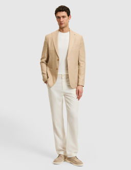 Bej Slim Fit Y_n Keten Kar___ml_ Mikro Desen K_rlang__ Yaka Ceket