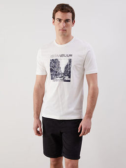 Bisiklet Yaka Bask?l? Penye Erkek Ti??rt