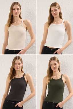 Antrasit-Ekru-Bej-Haki 4lu Paket Vucuda Oturan Crop Esnek Orme Atlet TWOSS25AL00056