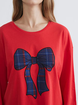 Bisiklet Yaka Fiyonk Bask?l? Kad?n Pijama Tak?m?