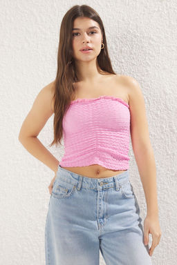 Siyah Dokulu Fitted/Vucuda Oturan Crop Buzgu/Drape Detayl? Straplez Esnek Orme Bluz TWOSS25BZ00004 - Trendyolmilla фото 8